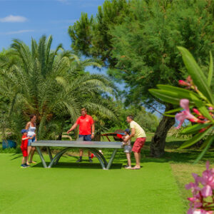 Famille s'amusant en pleine nature sur la table de tennis de table du camping